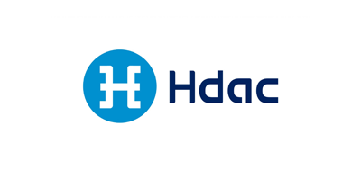 Hdac logo in blue and black with white background